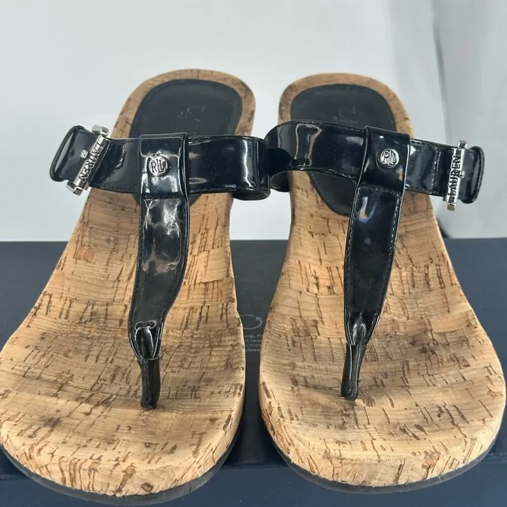 Ralph Lauren Black Women's Roseanne T-Strap Sandals Cork Patent Leather Size 8